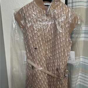 Christian Dior Oblique Sleeveless Zip-Front Belted Jacquard Dress – Beige 36